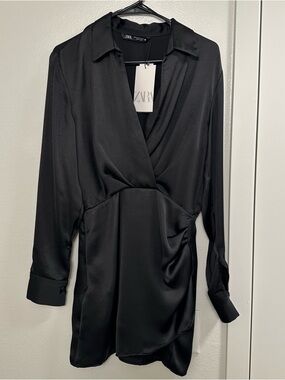 Zara Black Satin Wrap Mini Dress with Collared Neck